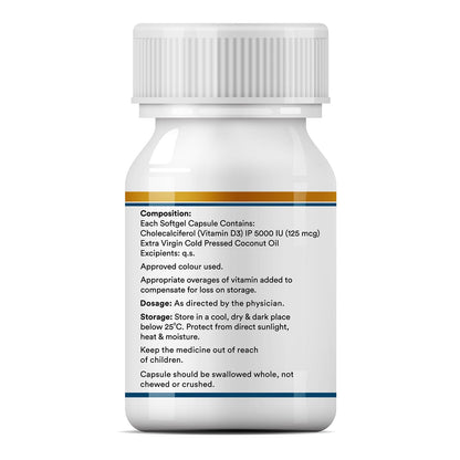 INLIFE Vitamin D3 5000 IU Cholecalciferol with Coconut Oil Supplement for Better Absorption, For Men & Women, Immunity, Bone Health, Muscles - 60 Softgels