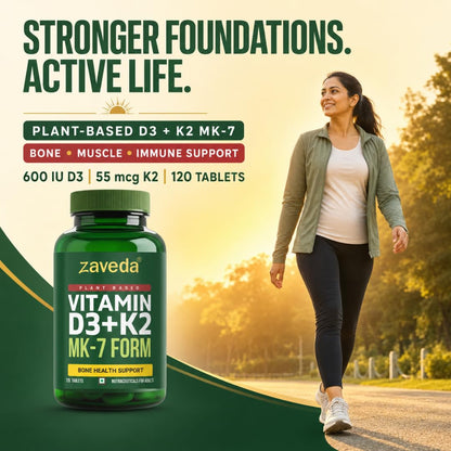 Zaveda Vitamin D3 K2 Supplement, 120 Veg Tablets Plant-Based D3 600 IU + K2 MK7, Supports Bone Strength, Calcium Absorption & Heart Health, Premium Daily Wellness