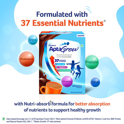 AptaGrow Milk Drink Powder For Kid S Height Gain,Immunity & Brain Development,Nutritious & Tasty Chocolate Flavor,400 G|37 Nutrients|Prebiotics|Low Fat|Veg,1 Count,13 Servings