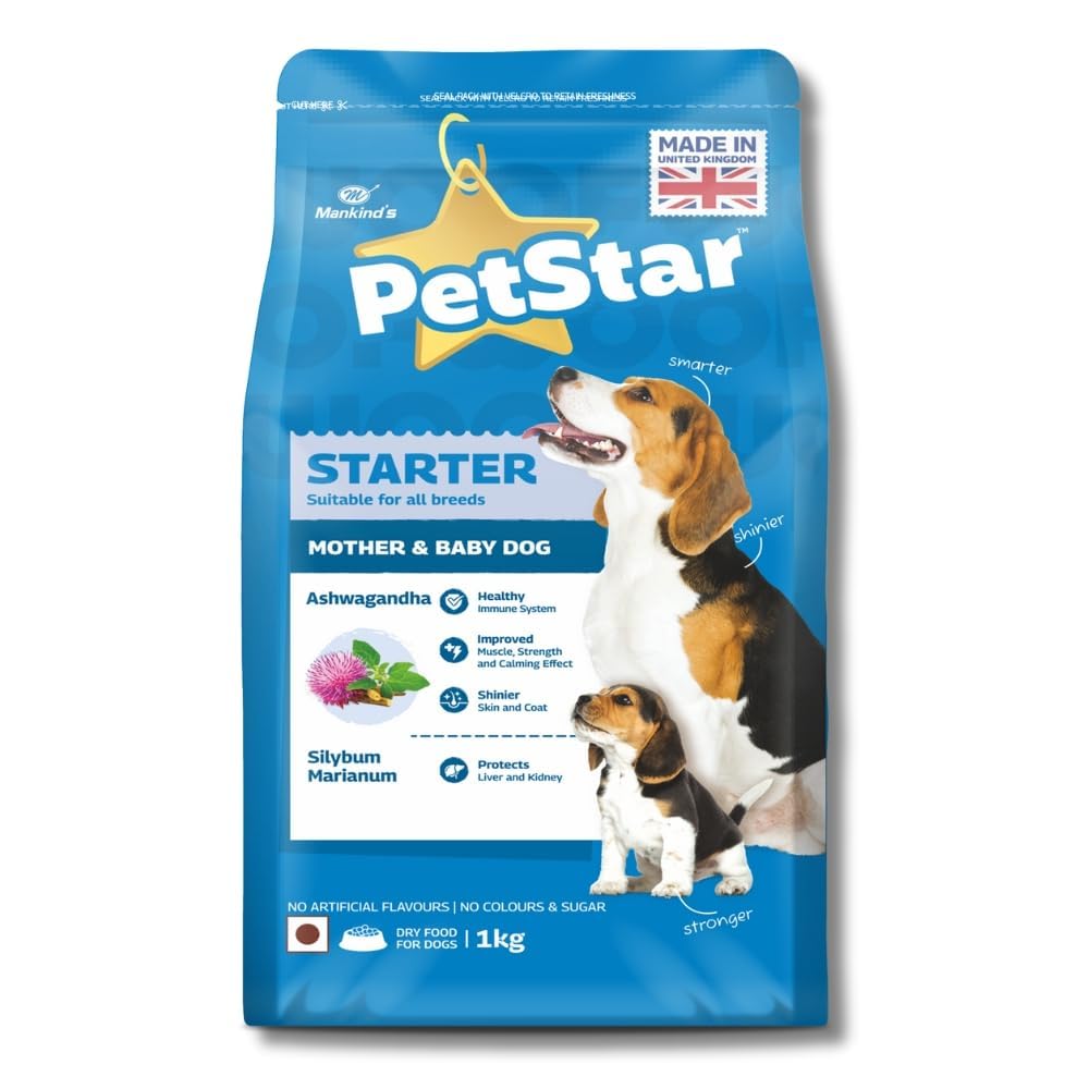 Mankind PetStar Starter Dry Dog Food (High Protein) for Mother & Puppy, 1kg Pack | Improves Muscle & Strength, Supports Immunity, Protects Liver & Kidney | Gestation/Lactation Support