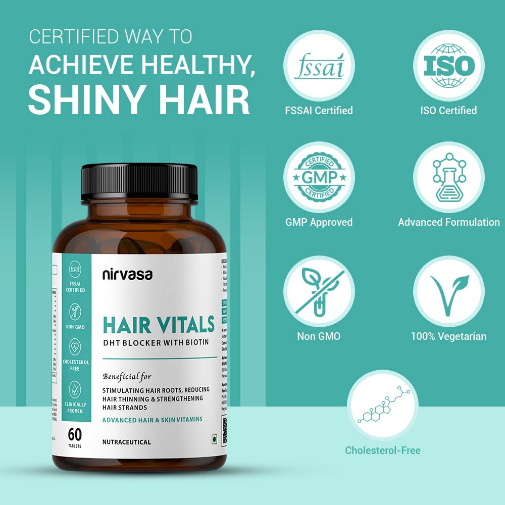 Nirvasa Hair Vitals DHT Blocker with Biotin (650mg) – 60 Tablets | Supports Hair Growth, Strength & Thickness | Reduces Hair Fall & Breakage | With Beta-Sitosterol | For Men & Women