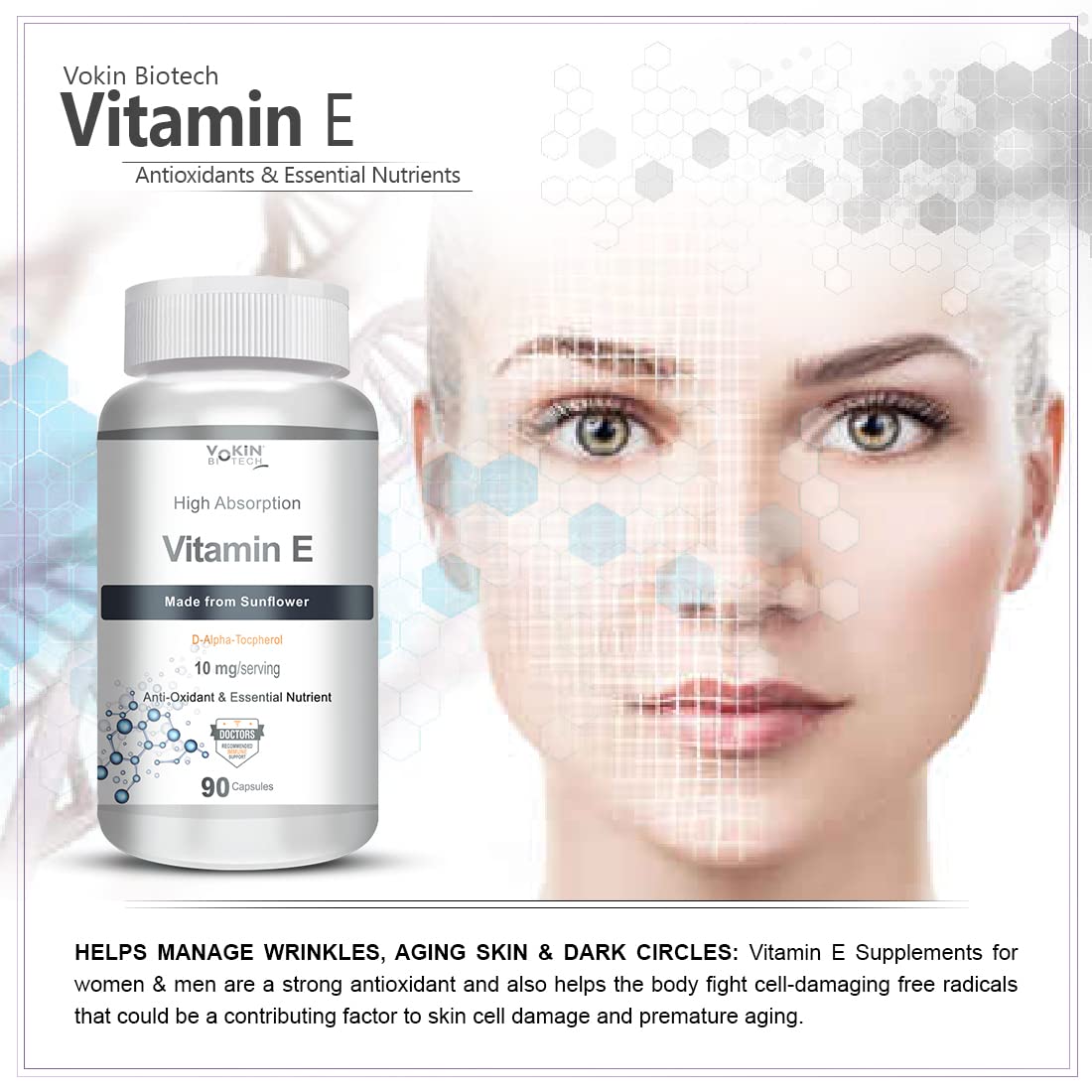Vitamin E supplement bottle with a woman's face and text about its benefits on a white background