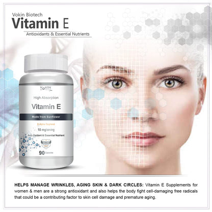 Vitamin E supplement bottle with a woman's face and text about its benefits on a white background
