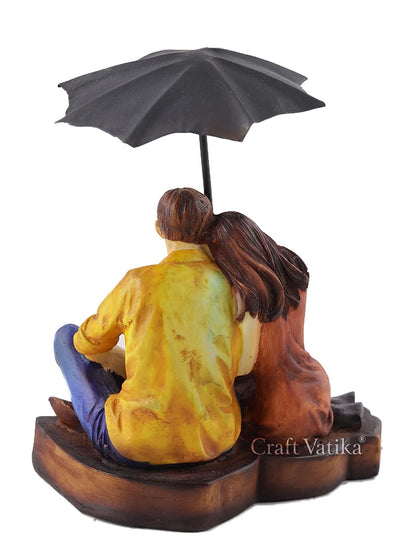 Resin Romantic Love Couple Under Umbrella Statue, 7 x 6 x 4 Inches, Multicolour
