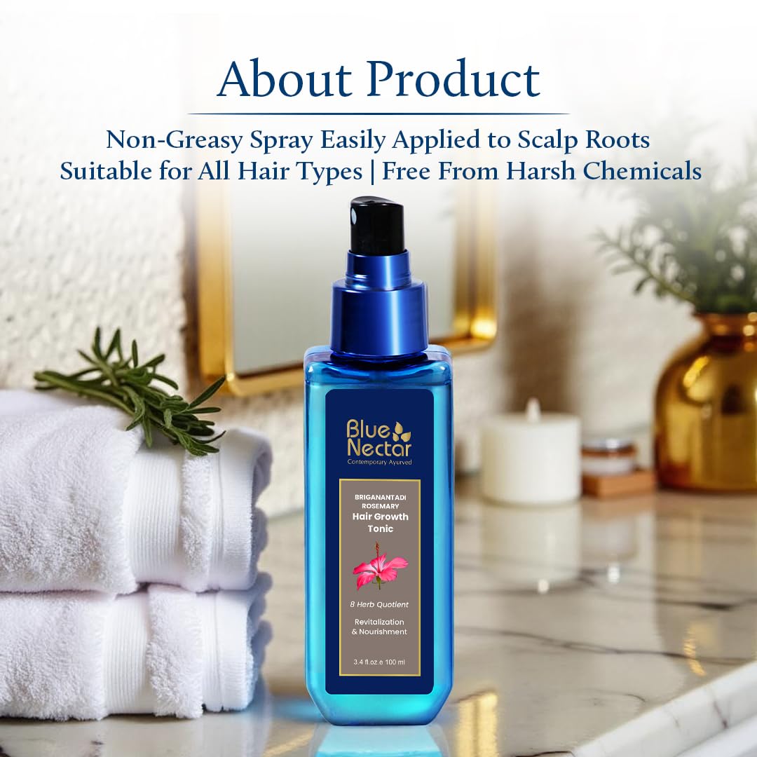Blue Nectar 10% Rosemary Advanced Hair Growth Serum for Scalp | Organic Tonic Spray with Hibiscus & Bhringraj for Nourishment & Hair Fall Control | Serum for Dry & Frizzy Hair (8 Herbs, 100 ml)