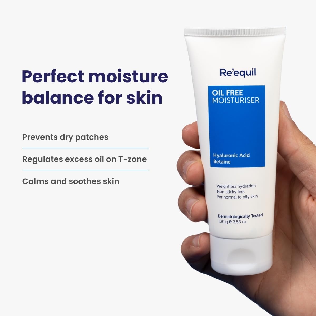 Hand holding a tube of Re'equil Oil Free Moisturizer with product details on a white background