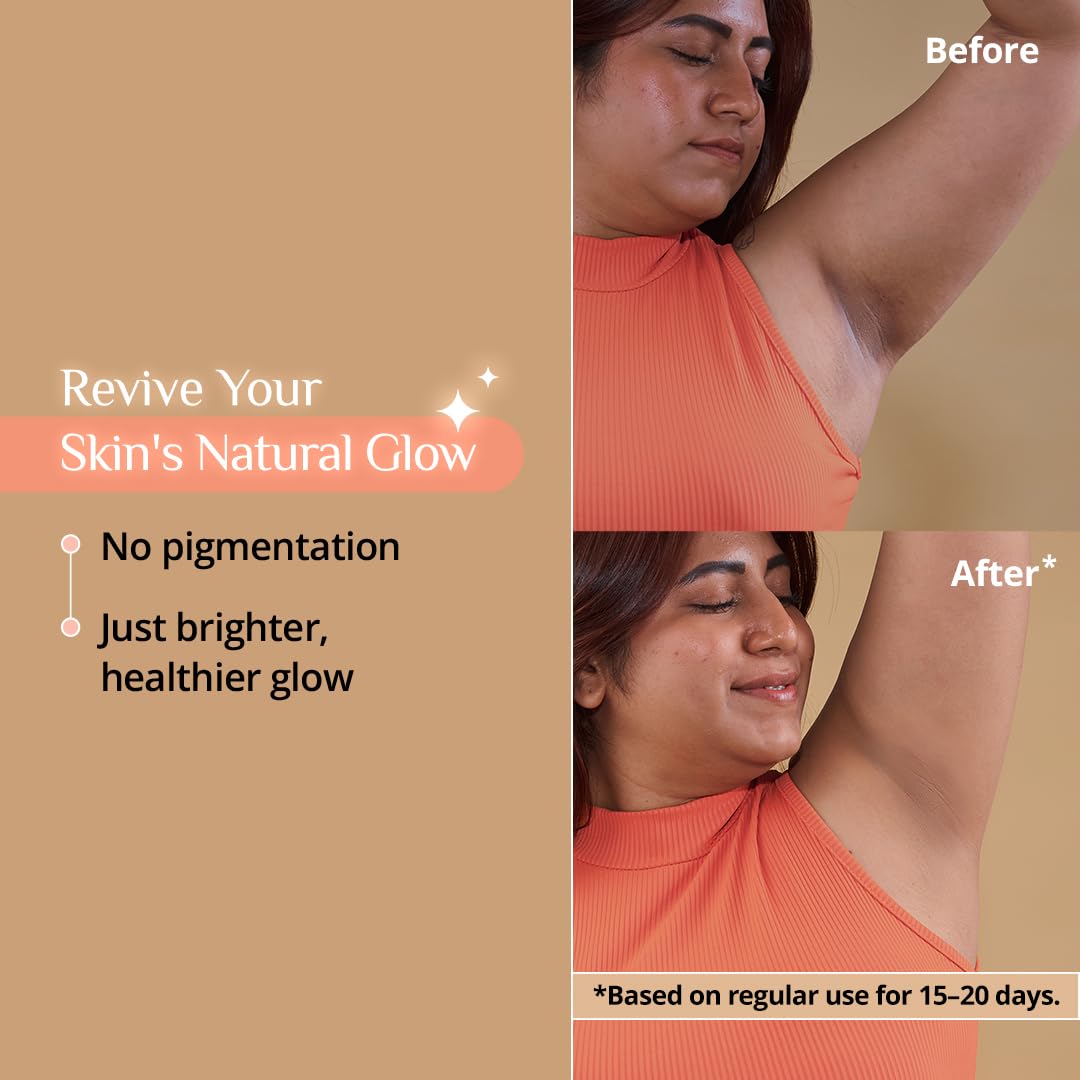 Before and after comparison of a woman's armpit with text on skin rejuvenation.