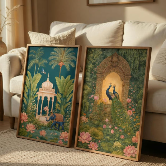 Royal Peacock Palace Garden Wall Painting Set of 2 with Wooden Frames | Vintage Mughal Garden Artwork HD Sparkle Laminated MDF Wall Decor | Traditional Indian Wall Art for Living Room