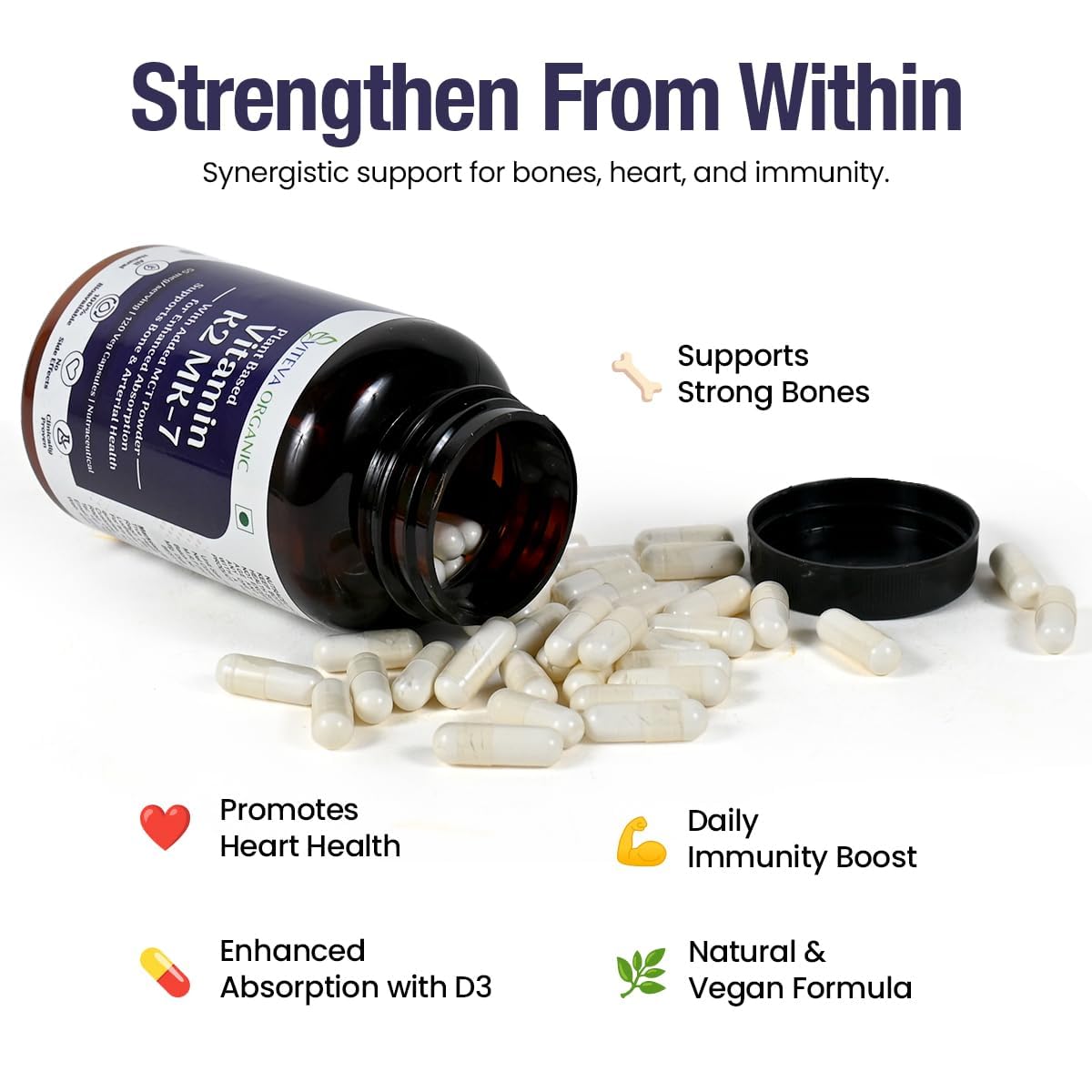 Vitamin K2 MK7 (Menaquinone-7) 55mcg 120 Veg Capsules Plant Based Vitamin K2 Supplement with MCT Powder for higher absorption - K2 MK7 Supports Strong Bones & Heart Health for Men & Women