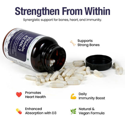 Vitamin K2 MK7 (Menaquinone-7) 55mcg 120 Veg Capsules Plant Based Vitamin K2 Supplement with MCT Powder for higher absorption - K2 MK7 Supports Strong Bones & Heart Health for Men & Women