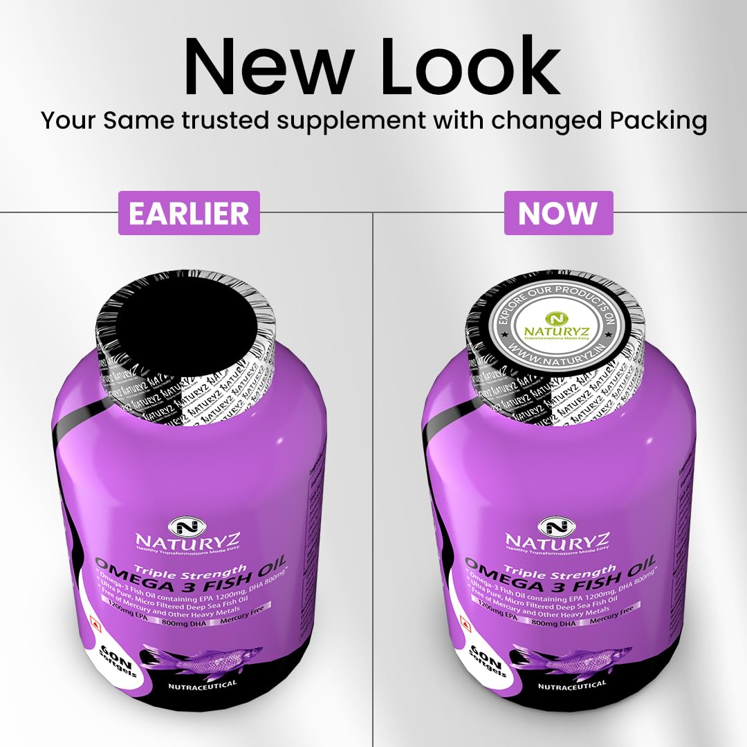 Comparison of NaturaZy Omega 3 Fish Oil packaging before and after a change.