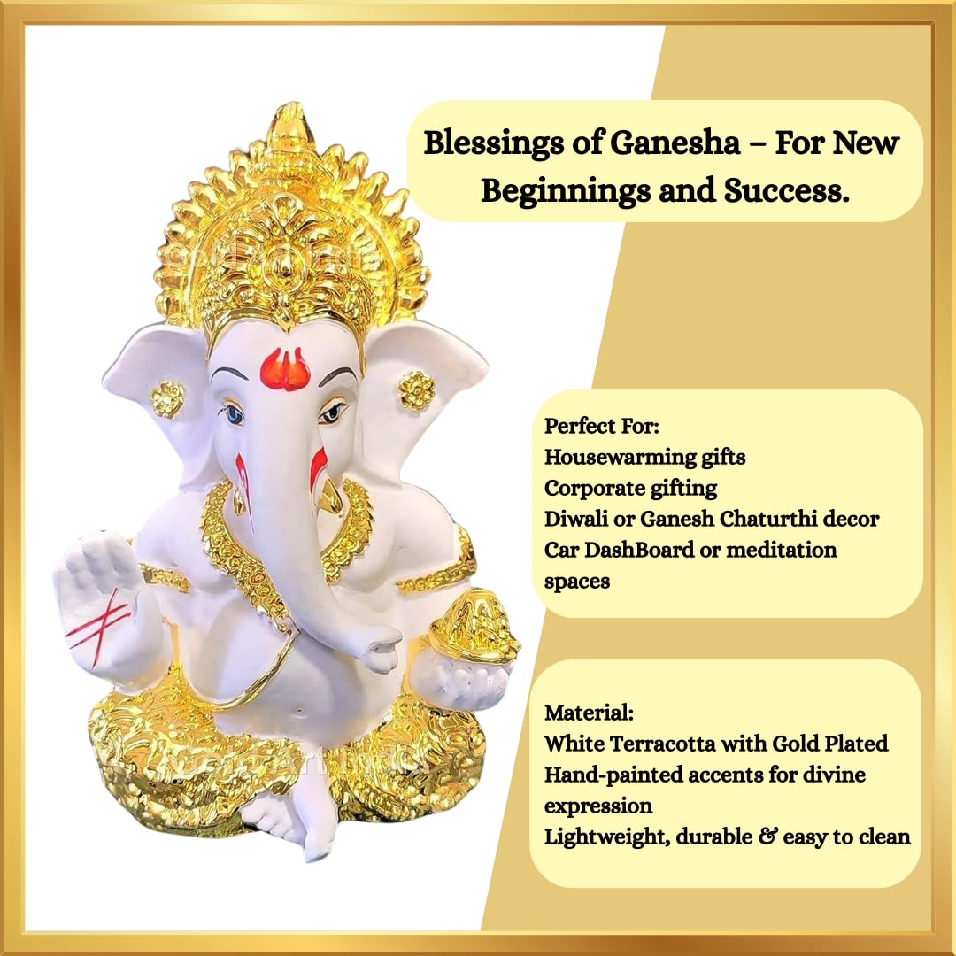 Gold Art India Gold Plated Ganesh Idol for Car Dashboard God Ganesha Idol for Home Decor Ganpati for Gift Home Office Table Shelves Diwali Gifting 3.5 Inches Gold White Mukut