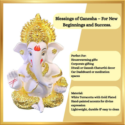 Gold Art India Gold Plated Ganesh Idol for Car Dashboard God Ganesha Idol for Home Decor Ganpati for Gift Home Office Table Shelves Diwali Gifting 3.5 Inches Gold White Mukut