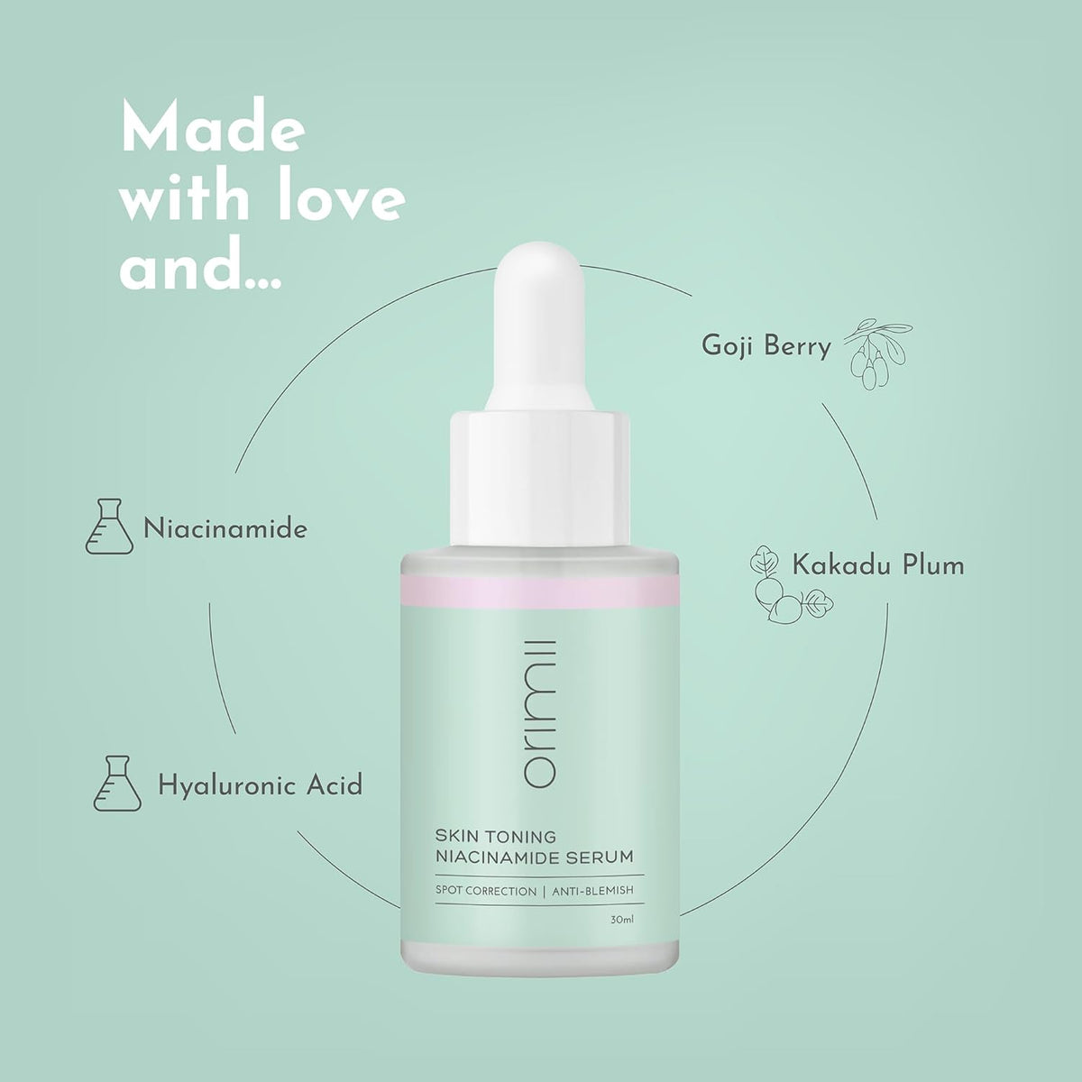 Orimii Skin Toning Niacinamide Face Serum for Dark Spots & Pigmentation | Enriched with Kakadu Plum, Hyaluronic Acid & Goji Berry | Pregnancy & Breastfeeding Safe, Fragrance Free (30ml)