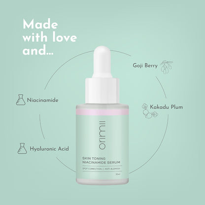Orimii Skin Toning Niacinamide Face Serum for Dark Spots & Pigmentation | Enriched with Kakadu Plum, Hyaluronic Acid & Goji Berry | Pregnancy & Breastfeeding Safe, Fragrance Free (30ml)