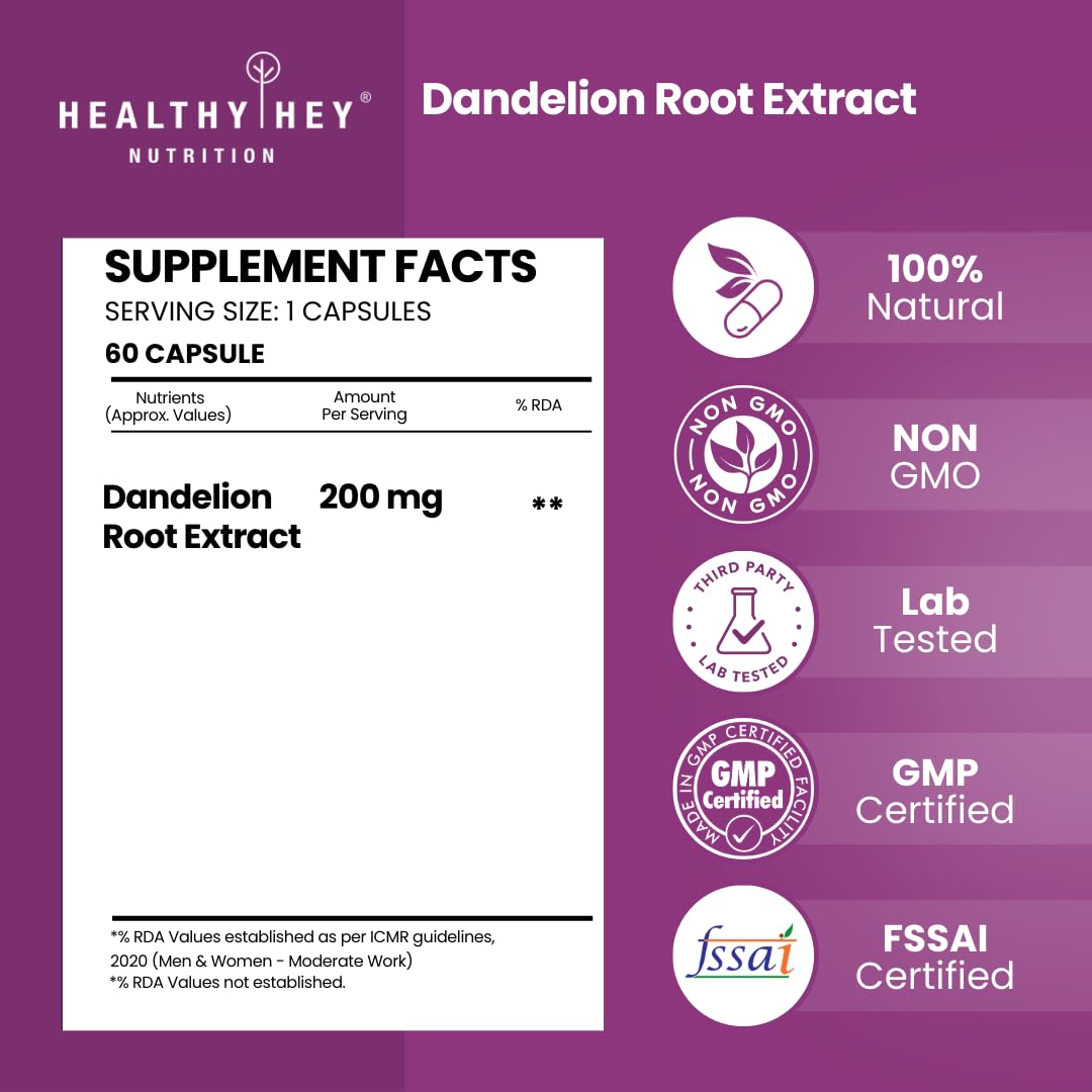 Dandelion Root Extract supplement facts and certification logos on a purple background