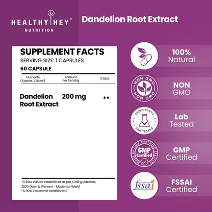 Dandelion Root Extract supplement facts and certification logos on a purple background