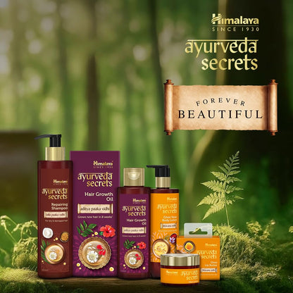 Himalaya Ayurveda Secrets skincare and hair care products with a natural green background.