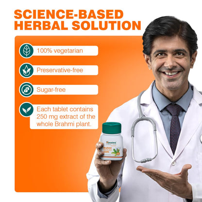 Doctor holding a bottle of herbal supplement with product features on an orange background
