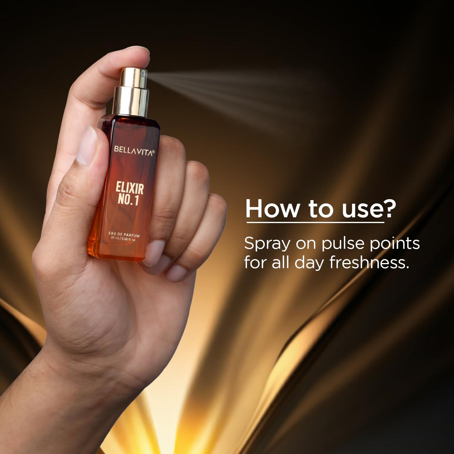Hand holding a Bellavita Elixir No.1 perfume spray bottle with a dark background