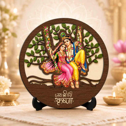 Plan To Gift Radha Krishna Wooden Idol with Stand for Home Temple, Puja Room, Office Desk & Indoor Mandir Decor - 5x5 Inch