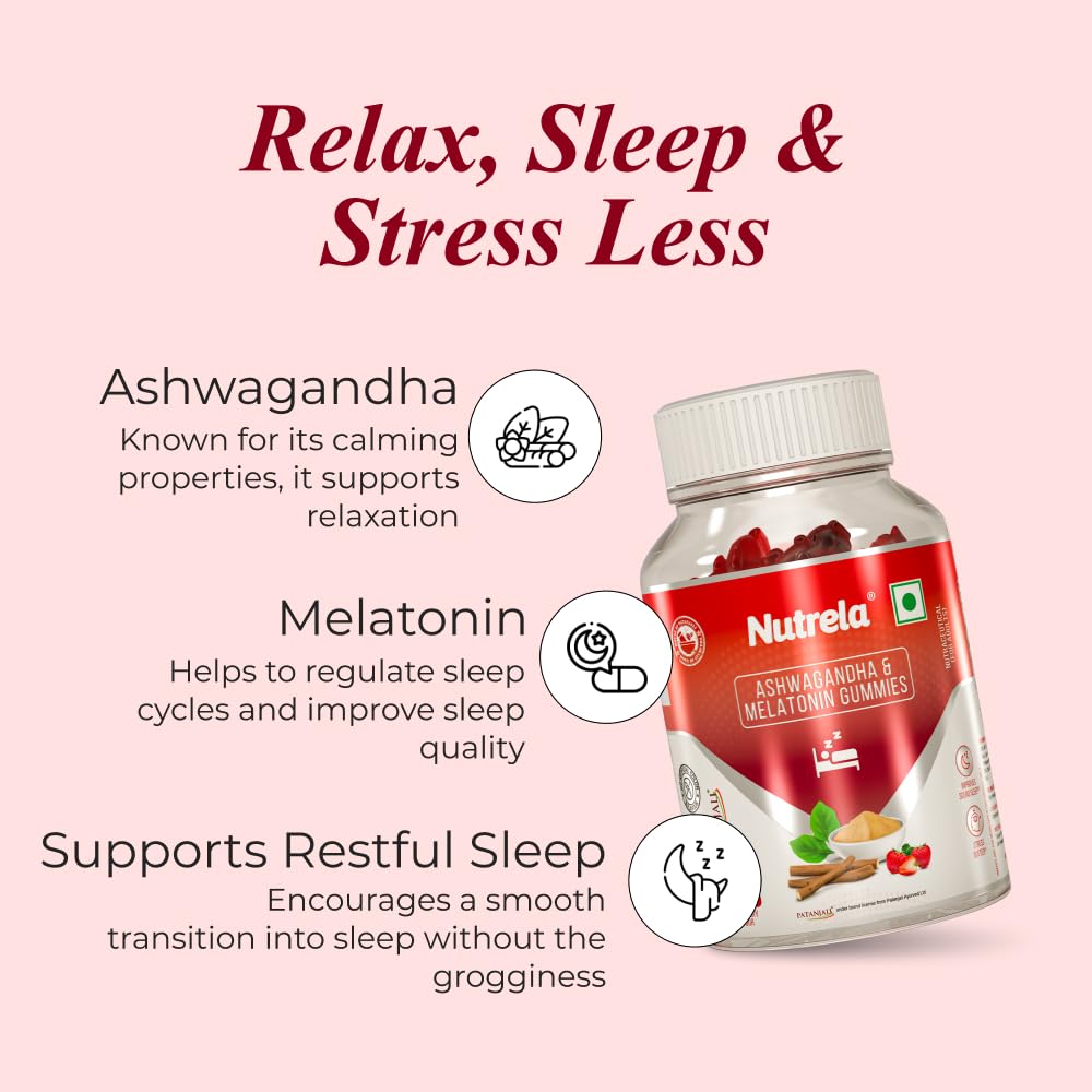 Nutrela Ashwagandha & Melatonin Sleep Gummies for Men & Women | 30 Strawberry-Flavored Gummies | Supports Restful Sleep & Stress Relief