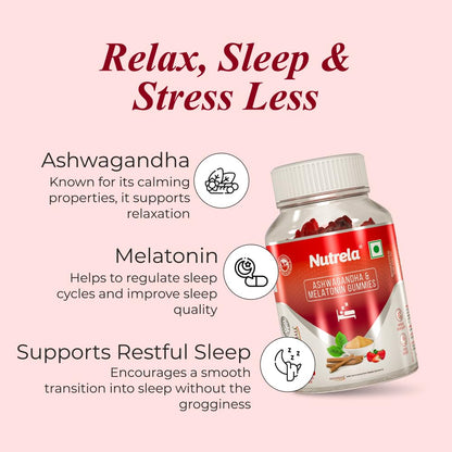 Nutrela Ashwagandha & Melatonin Sleep Gummies for Men & Women | 30 Strawberry-Flavored Gummies | Supports Restful Sleep & Stress Relief