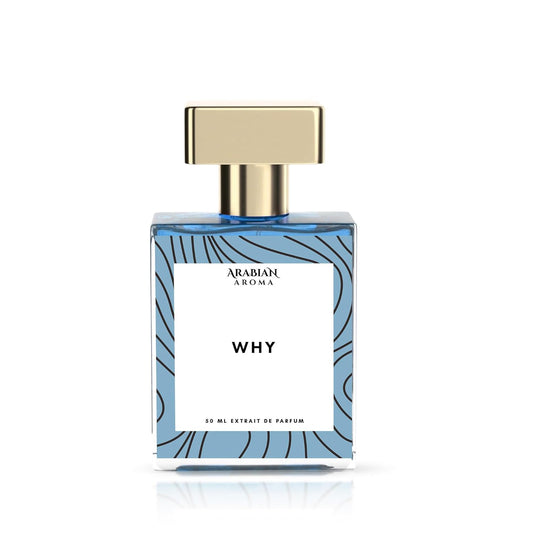 Perfume bottle labeled 'Why' by Arabian Aroma on a white background