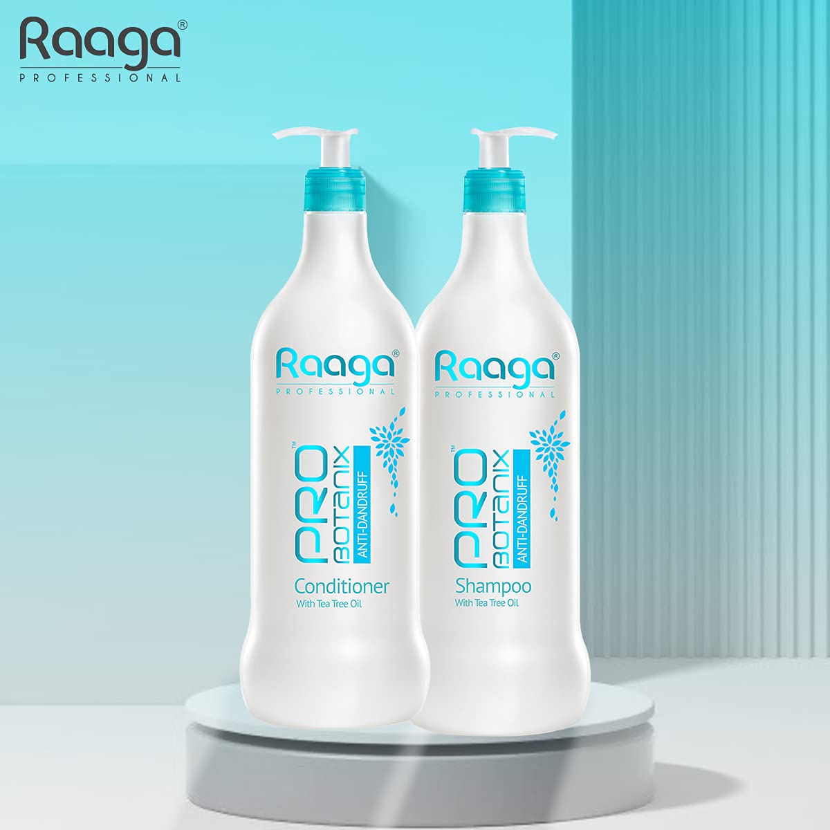 Two bottles of Raaga Pro Protein Shampoo and Conditioner on a light blue background