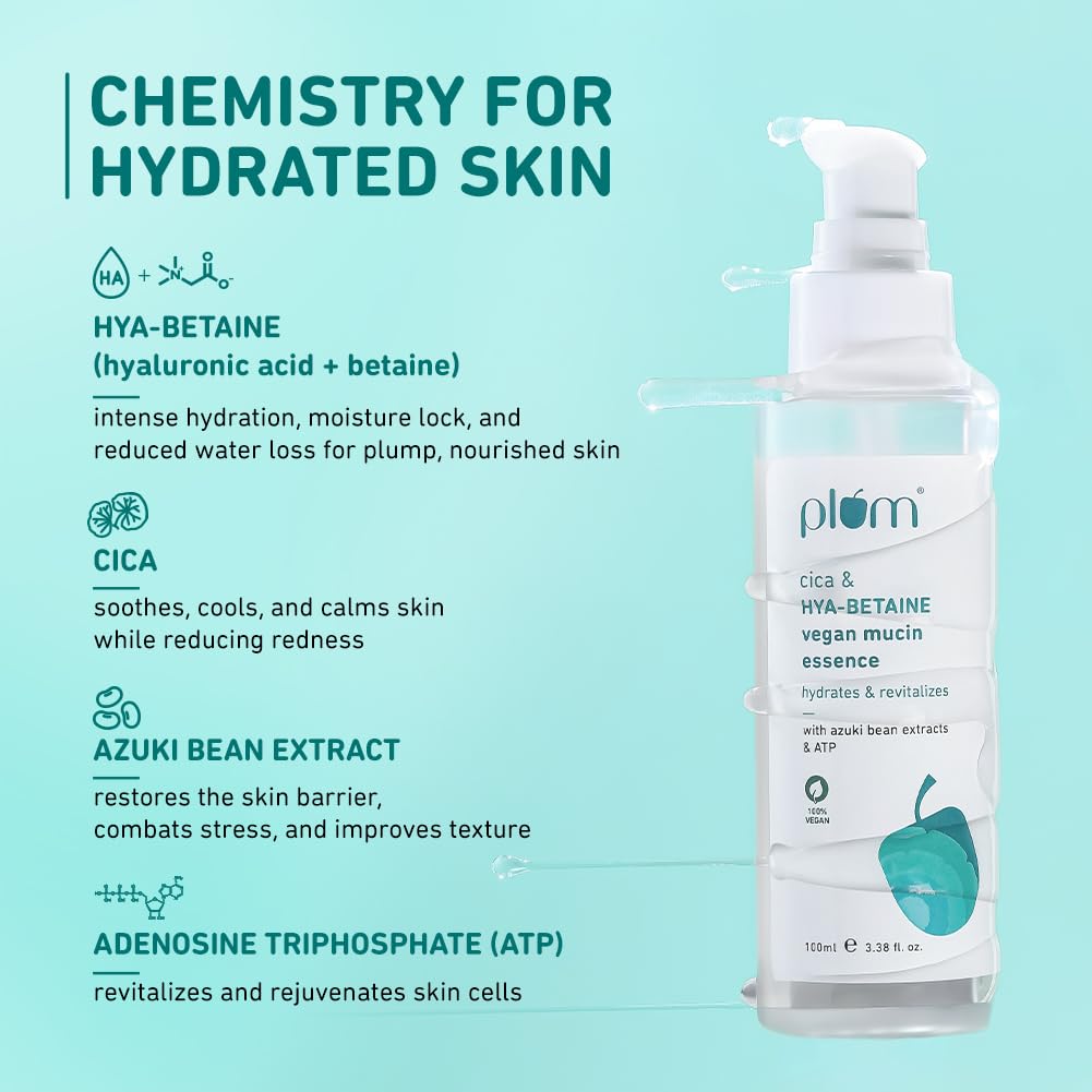 Plum Cica & HYA-BETAINE Vegan Mucin Essence | Intense Hydration, Soothing & Rejuvenation | with Azuki Bean Extracts & ATP | Light, Quick-Absorbing & Non-Sticky | All Skin Types | Women & Men | 100ml