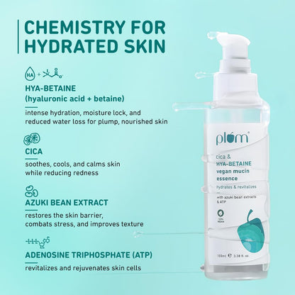 Plum Cica & HYA-BETAINE Vegan Mucin Essence | Intense Hydration, Soothing & Rejuvenation | with Azuki Bean Extracts & ATP | Light, Quick-Absorbing & Non-Sticky | All Skin Types | Women & Men | 100ml