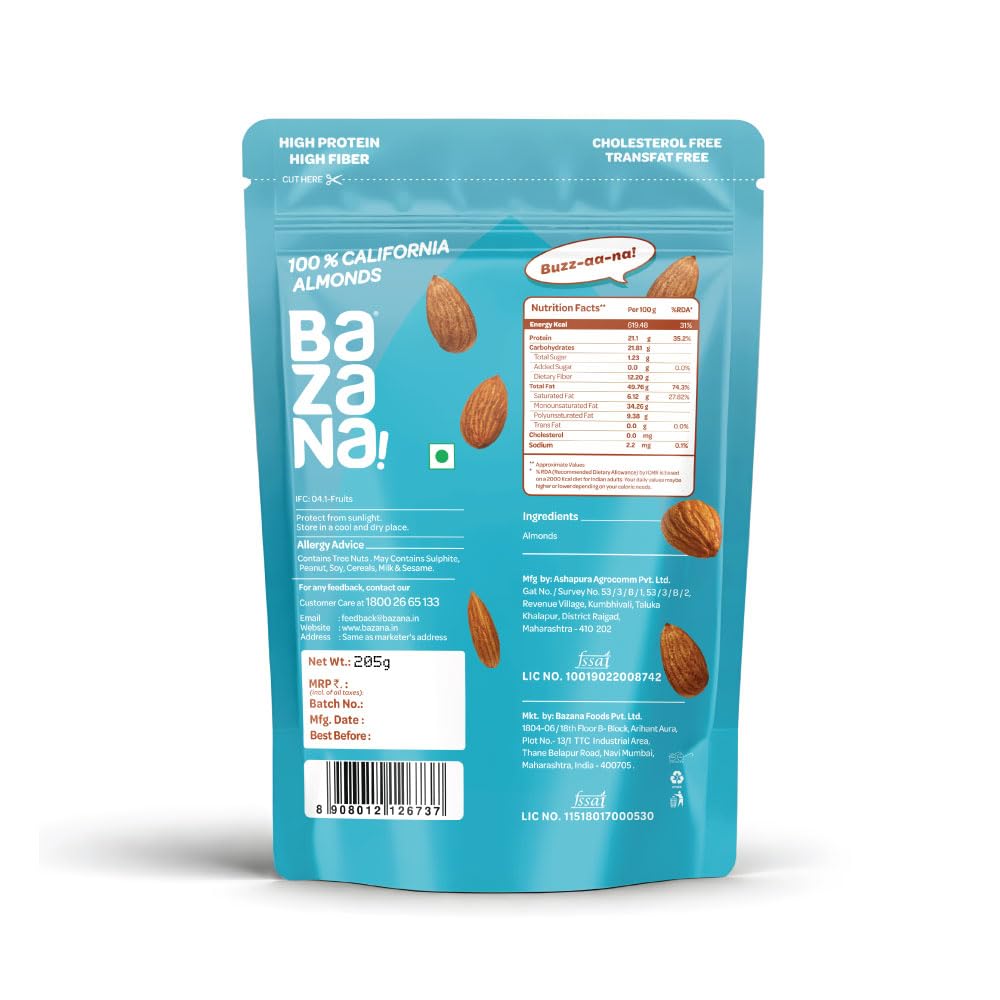 Bazana Premium Californian Almonds/Badam, 200g | Rich in Protein, Fiber & Vitamin E | Healthy Nuts & Dry Fruits Snack for Daily Nutrition
