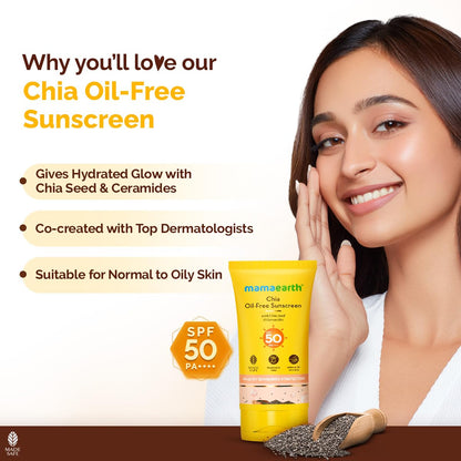 Mamaearth Chia Oil-Free Sunscreen with Chia Seed & Ceramides for Hydrated Glow & Sun Protection - 50g | SPF50 PA++++ | Oil-Free Formula for Normal to Oily Skin | UVA/B Protection | Tan Protection | No White Cast | InVivo Tested | Healthy Skin Barrier