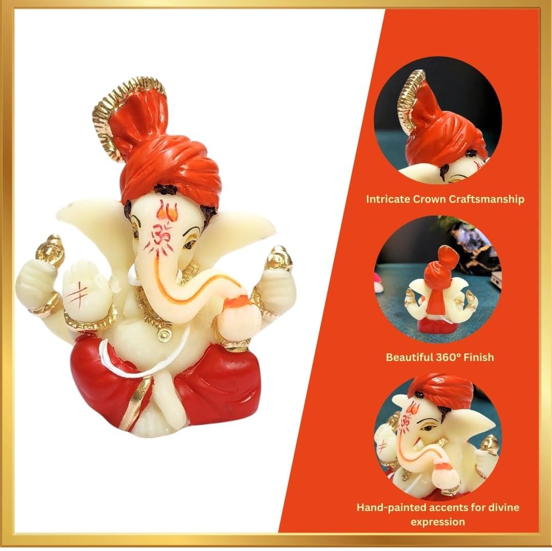 Gold Art India Ganesha Idol for Car Dashboard Red & Orange 2x2.5in