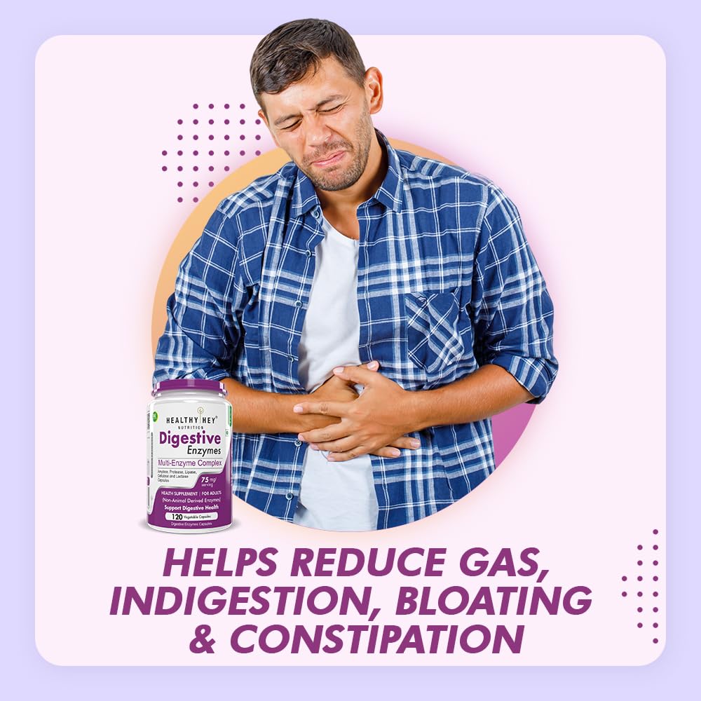 Man with digestive issues holding a bottle of digestive enzymes on a light purple background