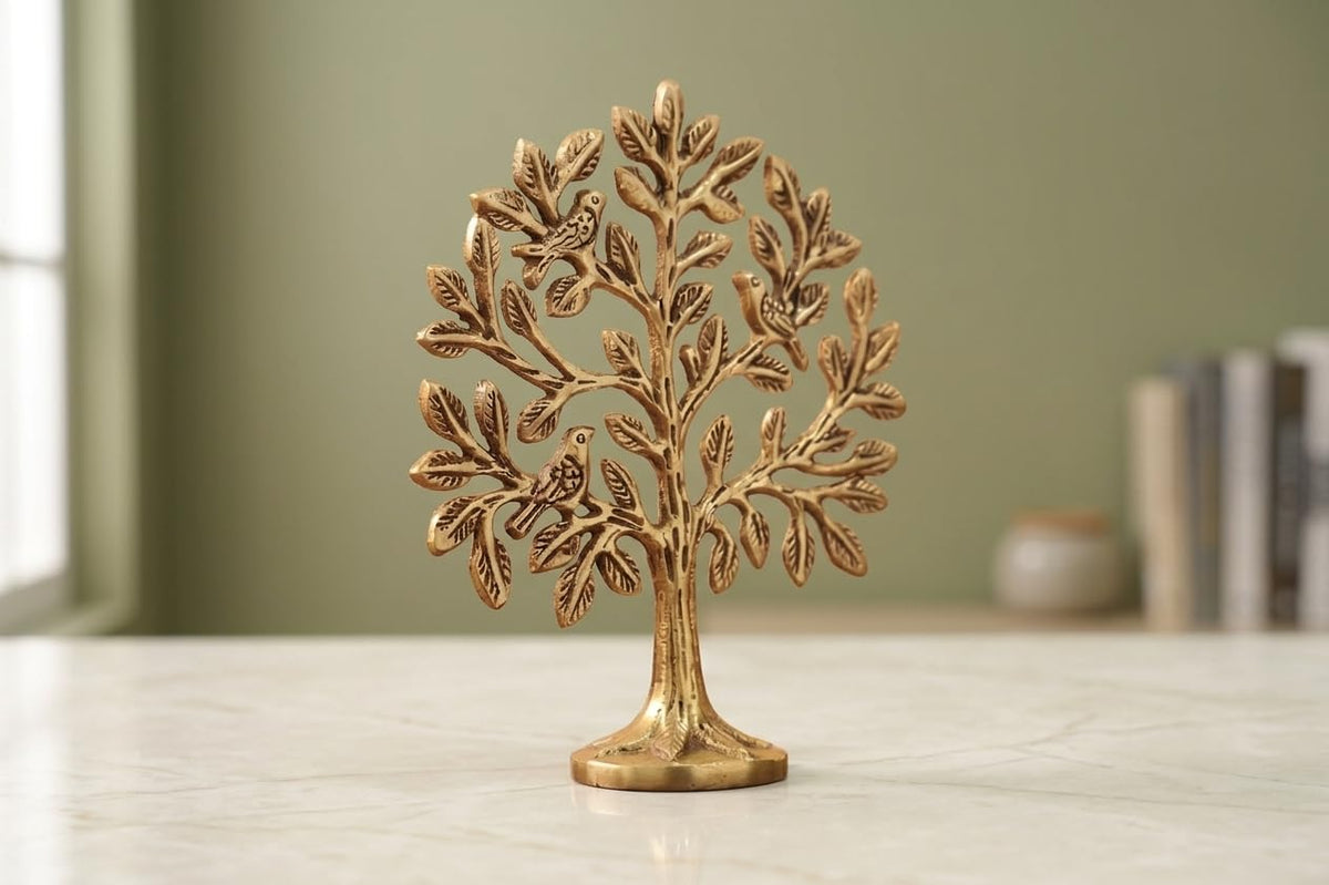 Kalpavriksha Tree of Life Showpiece with Birds, 15 cm Golden Metal Kalpvriksh for Home Mandir, Vastu, Office Table, Housewarming & Diwali Gift