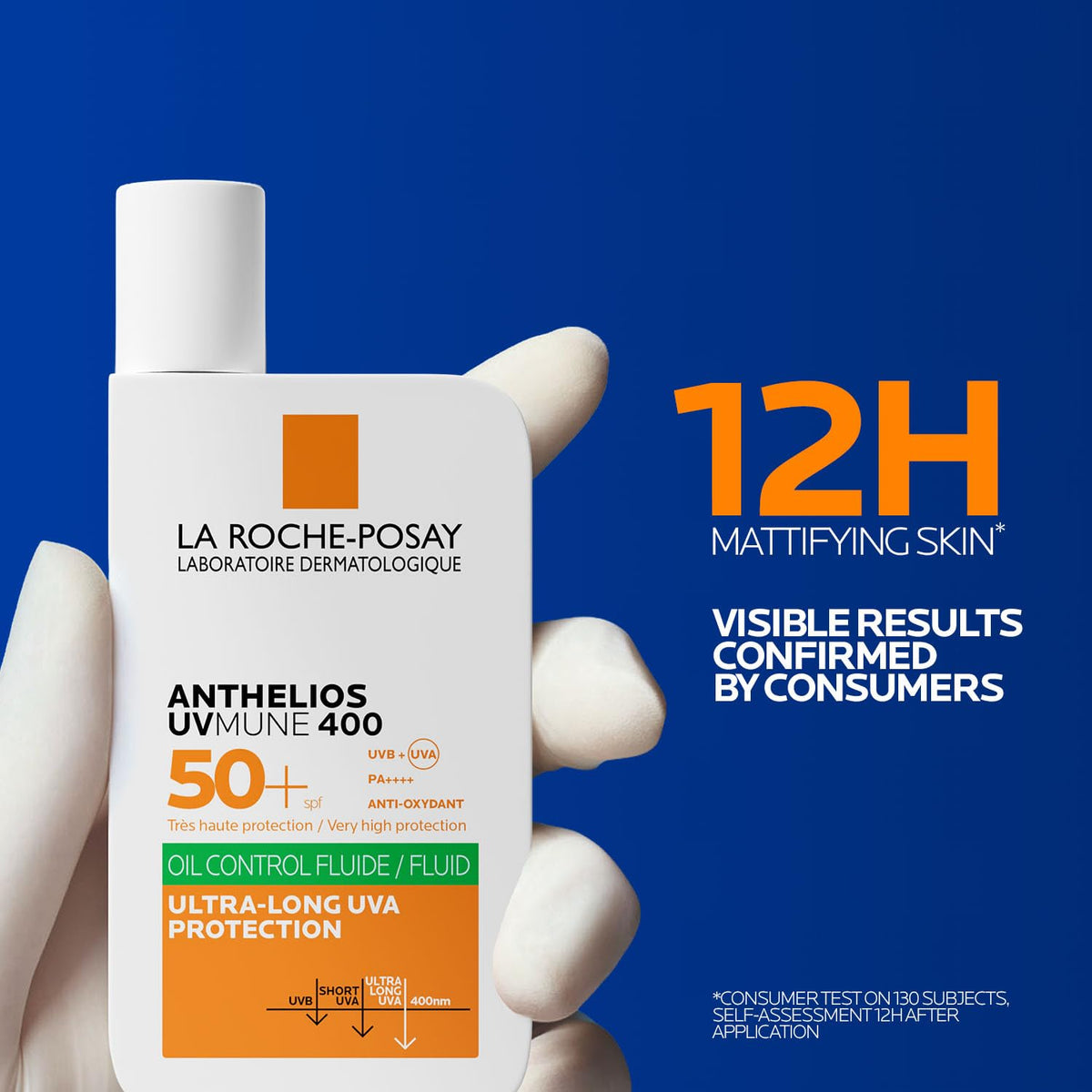La Roche-Posay sunscreen bottle held by a hand with blue background and text about 12-hour matifying skin.