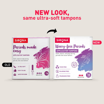 Comparison of Sirona applicator tampons packaging with new and old designs on a light gray background.