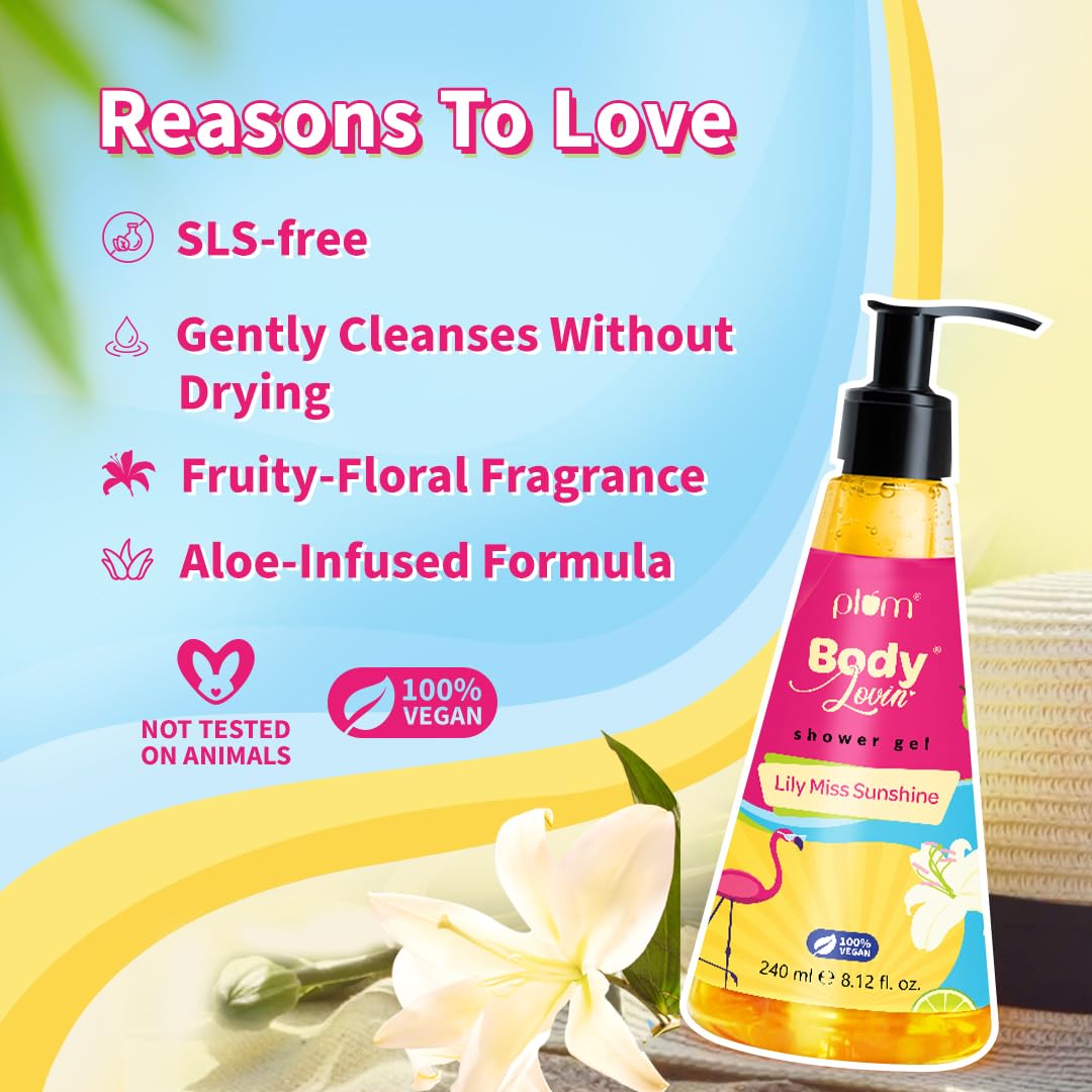 Plum BodyLovin' Lily Miss Sunshine Shower Gel | SLS Free Body Wash For Women | Long Lasting Fresh Fruity-Floral Fragrance | Aloe-Infused Nourishing Body Cleanser For Soft & Smooth Skin | 240ml