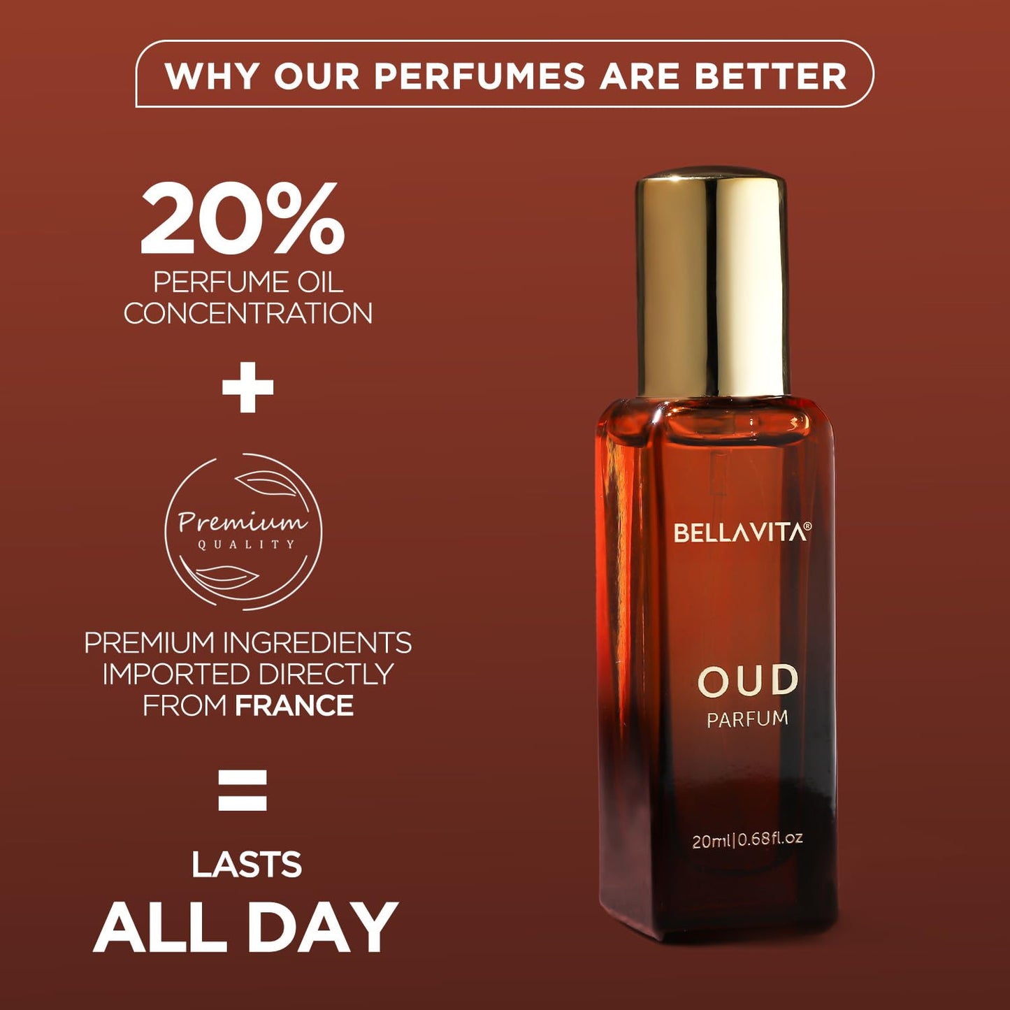 Bellavita Oud perfume bottle with promotional text on a brown background