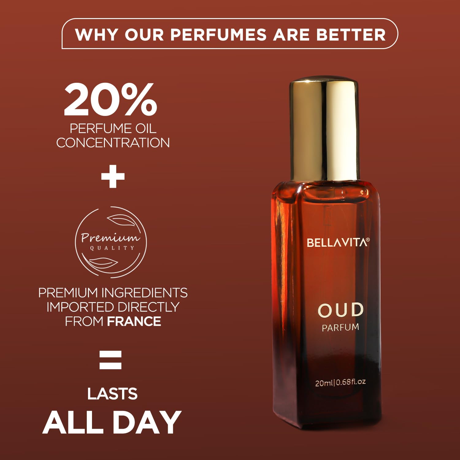 Bellavita Oud perfume bottle with promotional text on a brown background