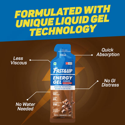 Fast&Up Energy Gel packaging with text highlighting features on a brown and blue background