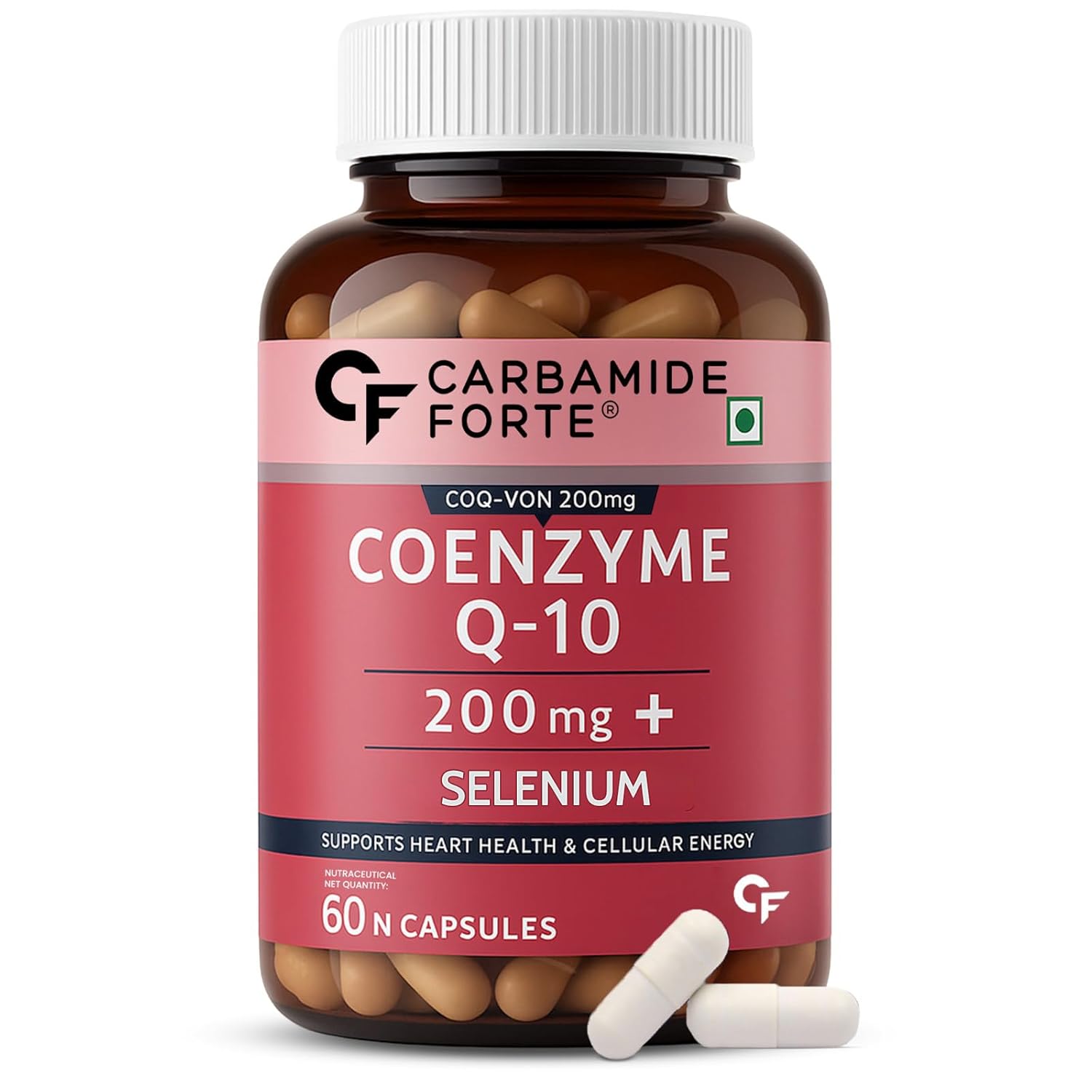 Bottle of Carbamide Forte Coenzyme Q-10 200 mg + Selenium capsules on a white background