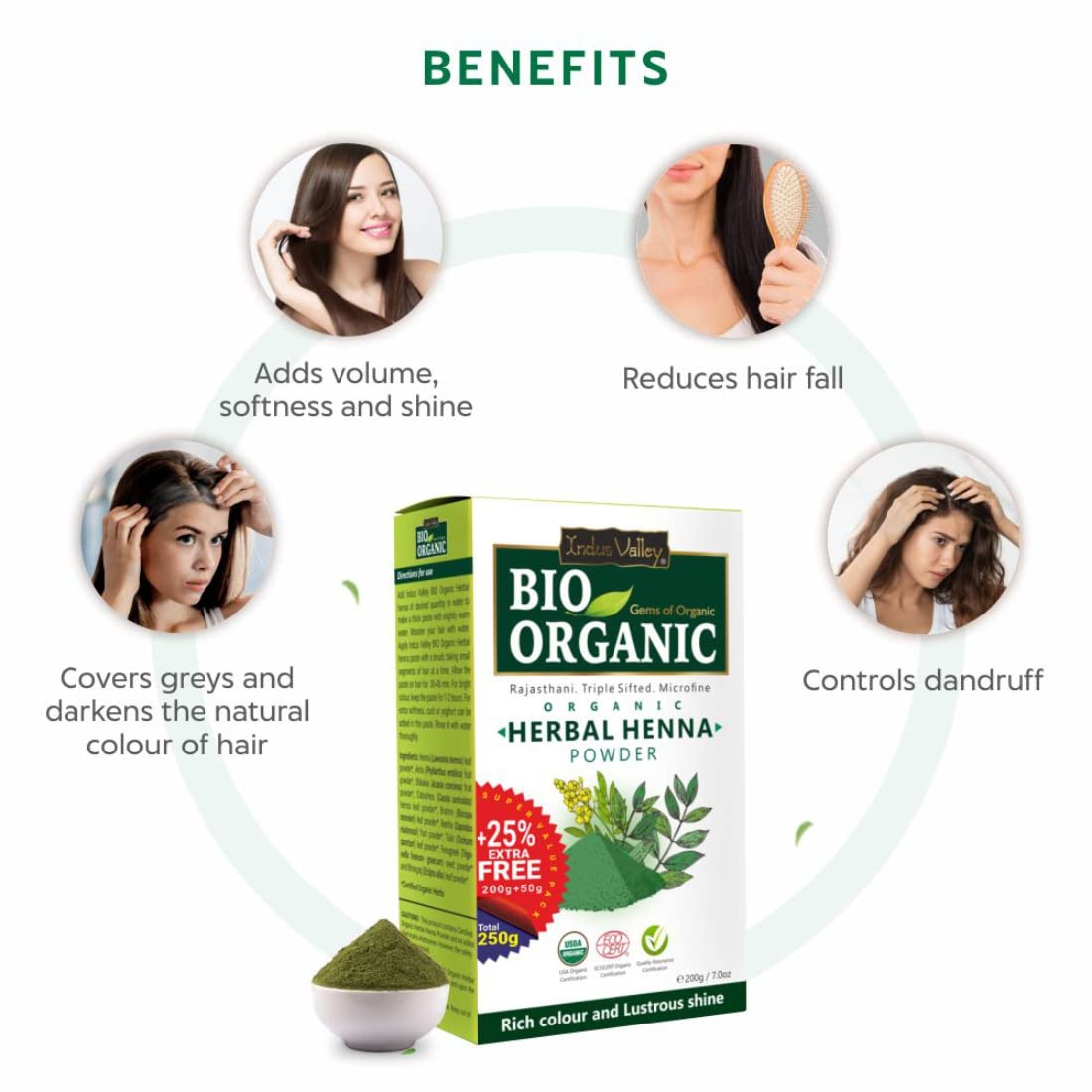 Bio Organic Herbal Henna Powder packaging with benefits listed on a white background