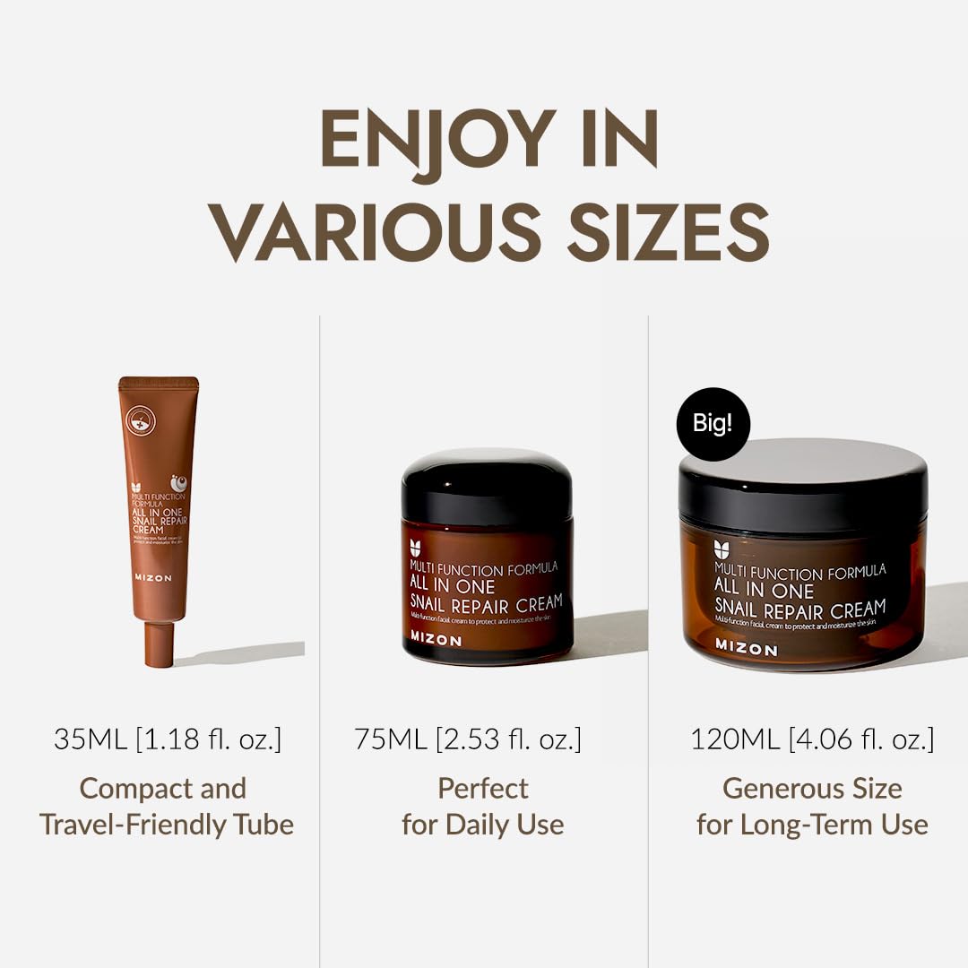 MIZON All in One Snail Repair Cream, Snail Line, Face Moisturizer, Snail Mucin Extract, Wrinkle Care, Blemish Care, Without Stickiness, Korean Skincare (35ml/1.18oz)