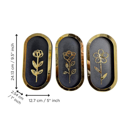 Pack of 3 Floral Wall Art with Black & Golden Wood Base Flower Cutouts Decor for Living Room Bedroom