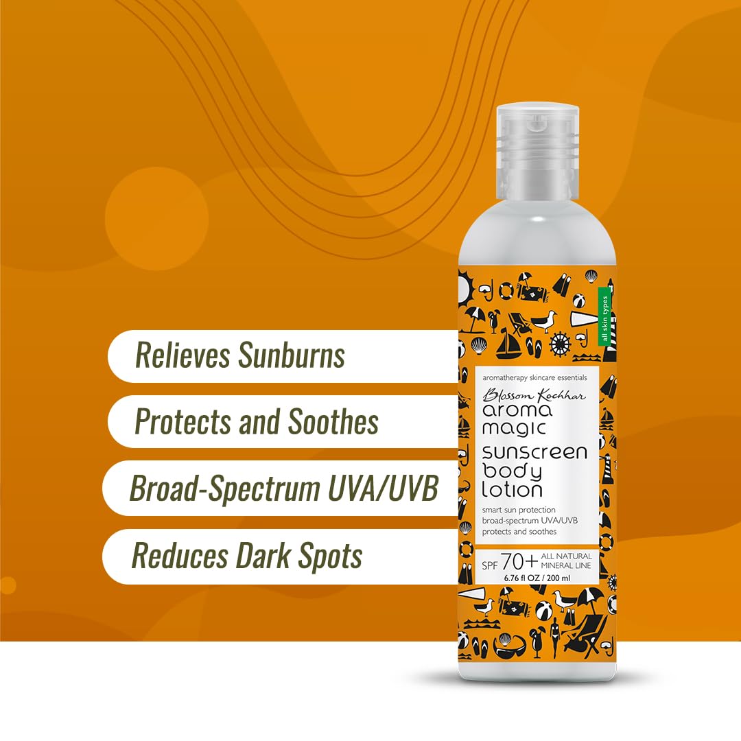 Aroma Magic Sunscreen SPF 70+ Body & Face Lotion Offers broad-spectrum UVA/UVB protection & relieves sunburns | with Zinc Oxide & Pro-Vitamin B5 (All skin types) 200ml