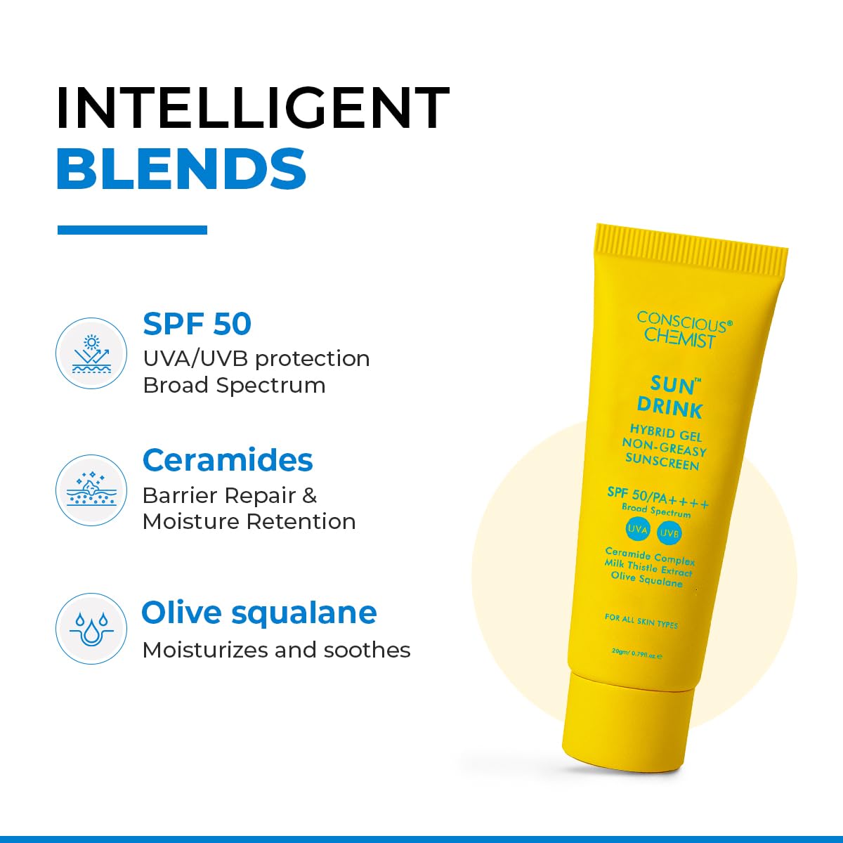 Yellow sunscreen tube with product features on a white background