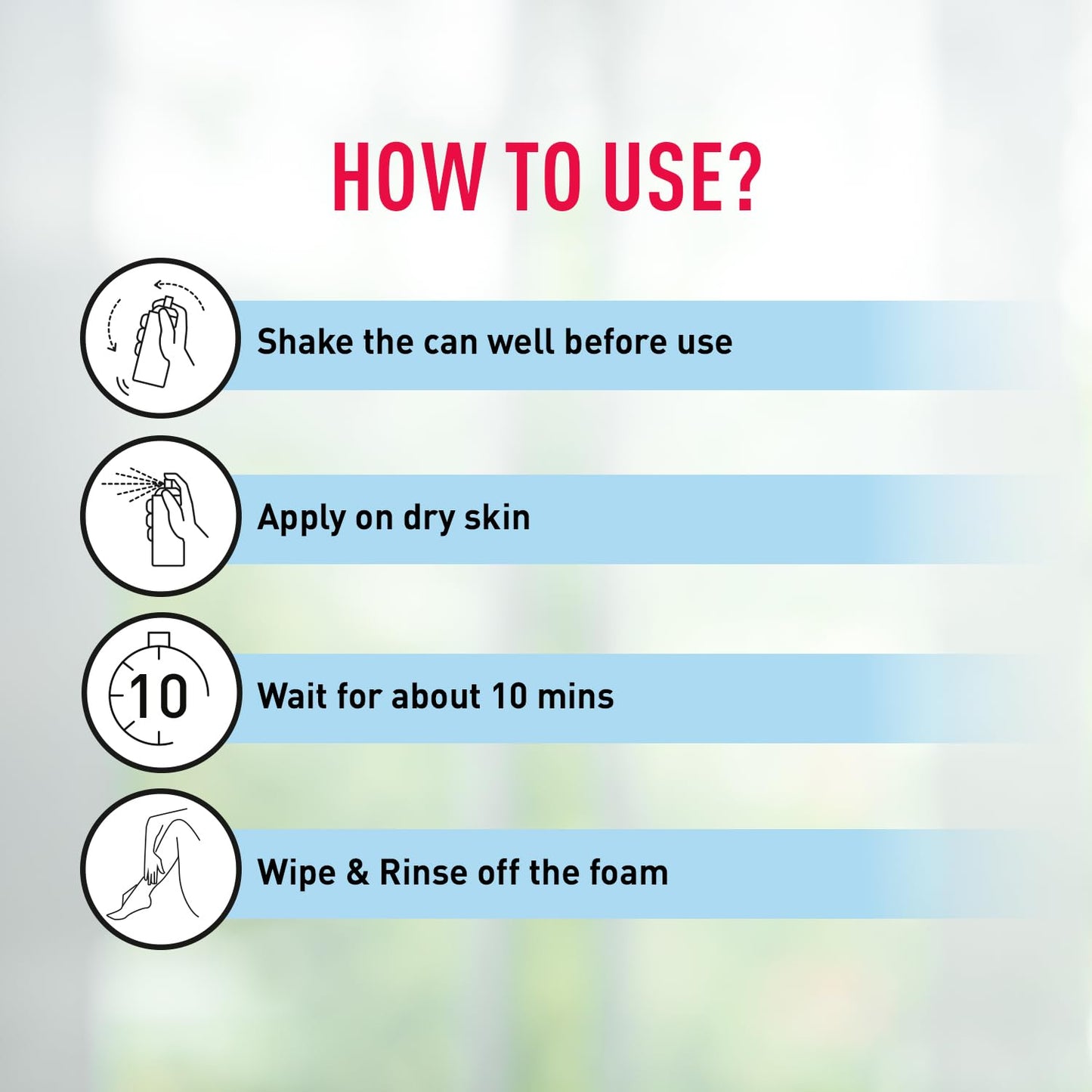 Instructions on how to use a product with icons and text on a blurred background