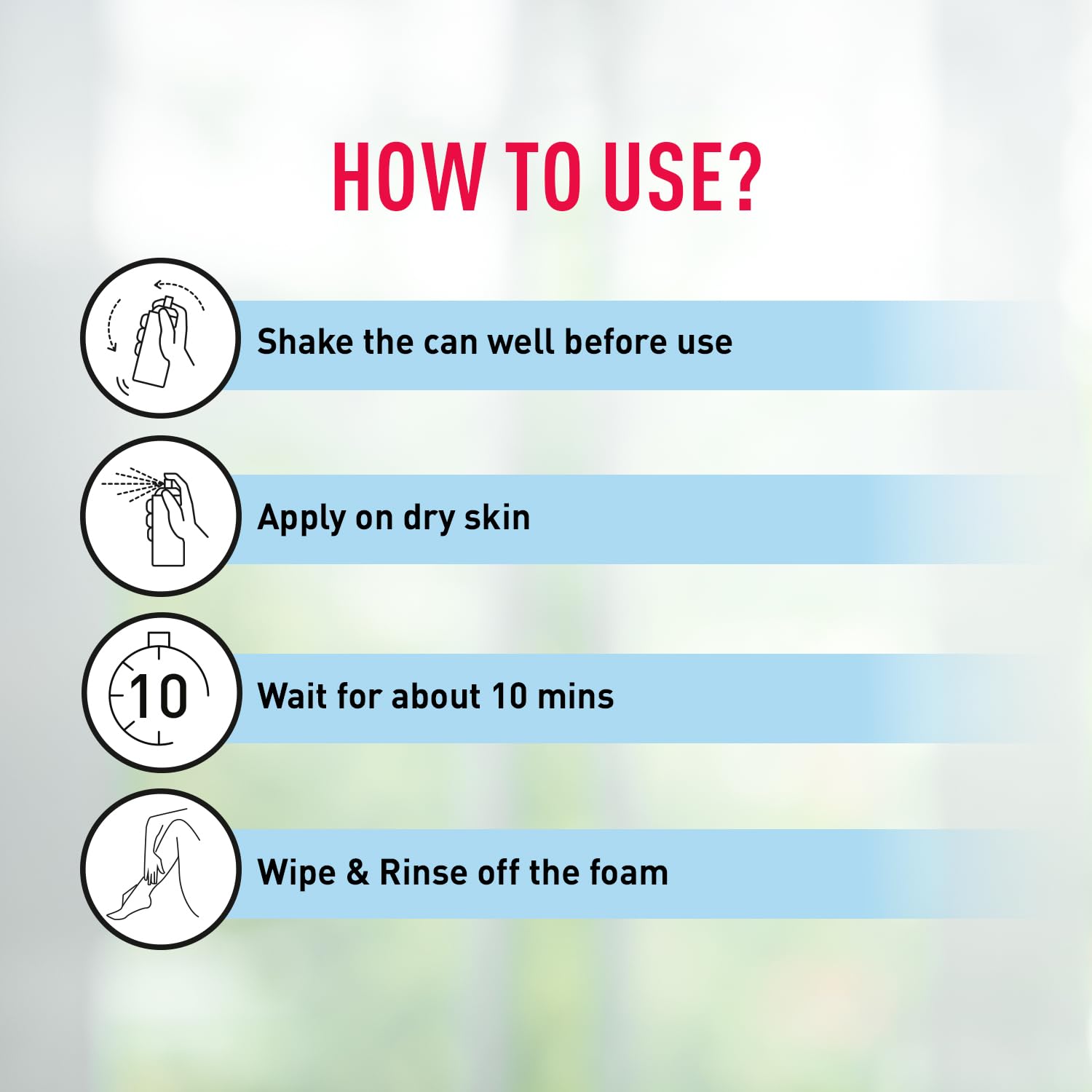 Instructions on how to use a product with icons and text on a blurred background